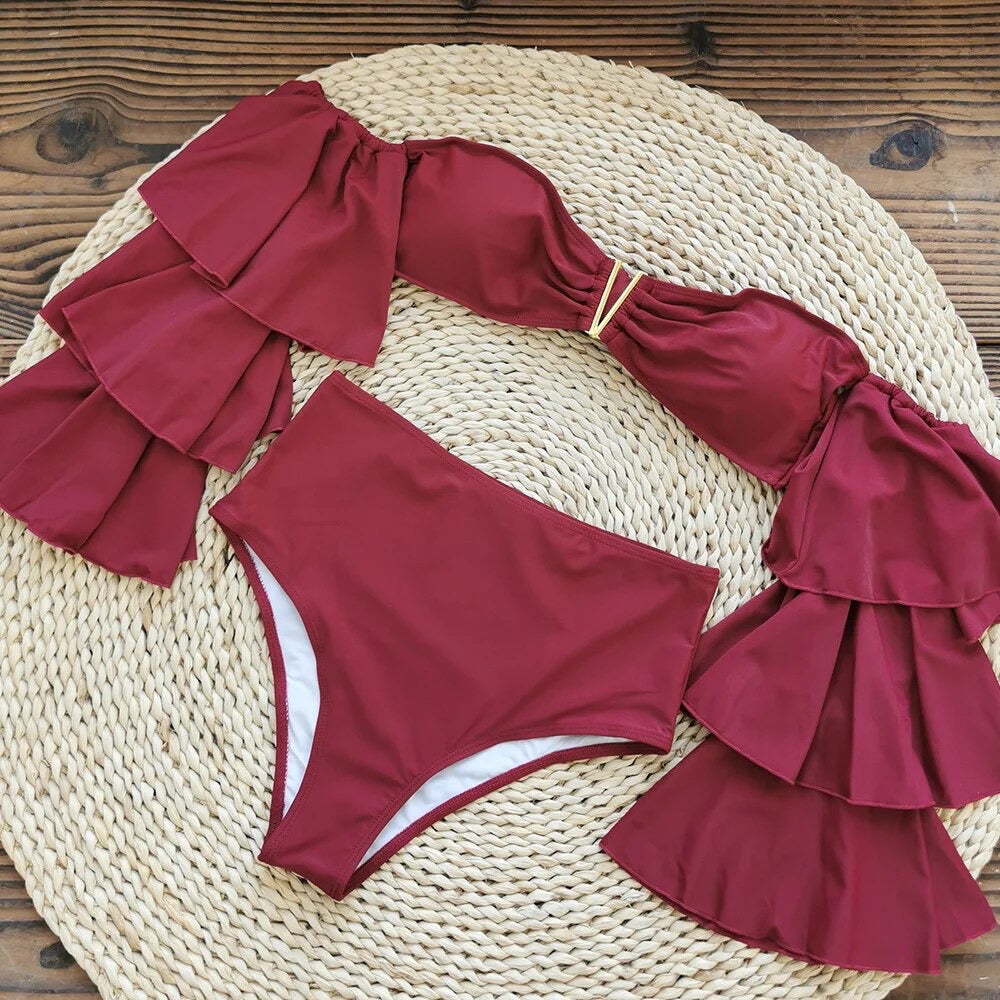 Traje de baño - Wine palm high waist bikini